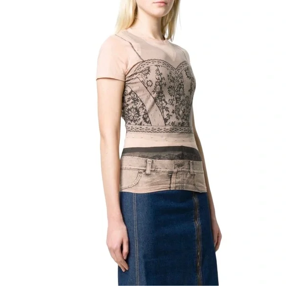 S VTG Y2k AUTH Christian Dior 2006 Trompe L'oeil Denim Lace Tee Shirt Logo Top - Picture 13 of 15